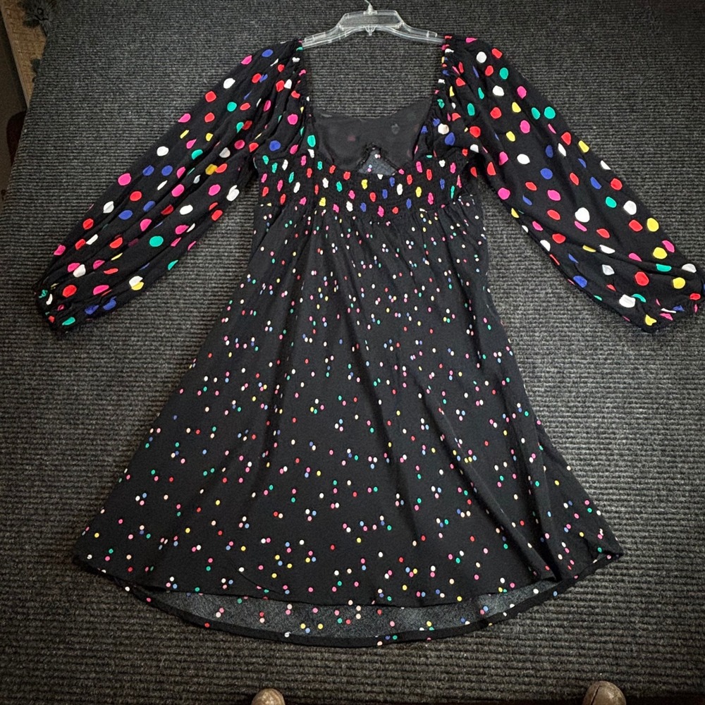 Rixo London Multi Color Polka Dot Puff Sleeve Mini Dress Black Square Neck Sz 0 - Picture 2 of 4